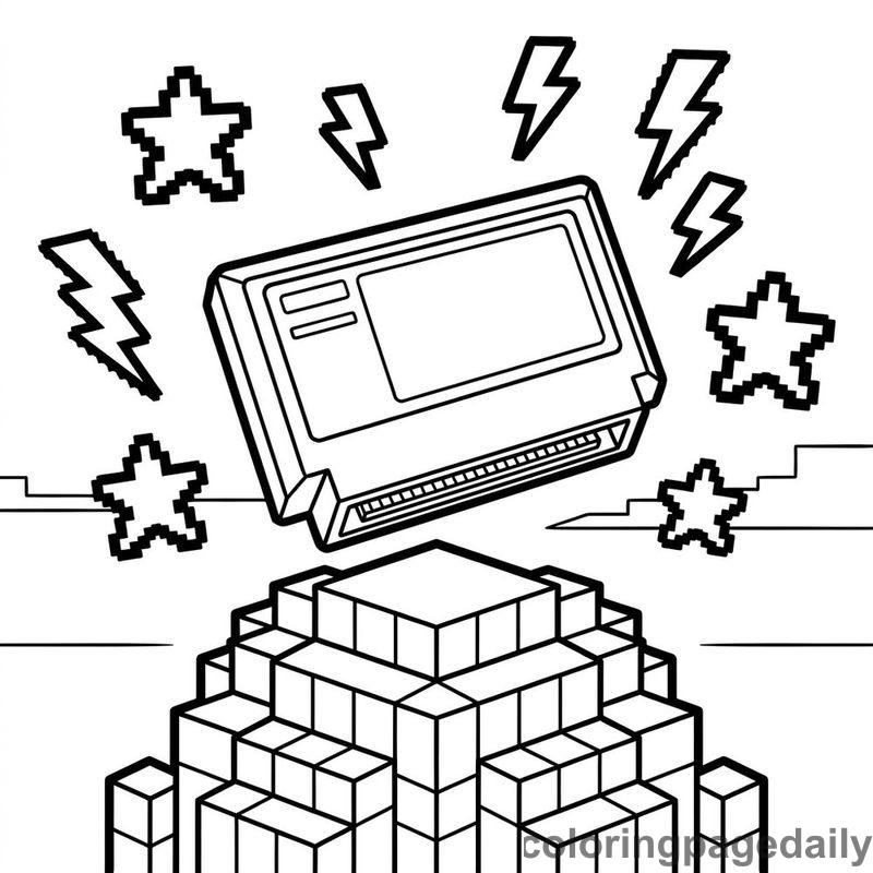 Hovering Retro Game Cartridge - Daily printable coloring page in Video Games and Pixel Art category