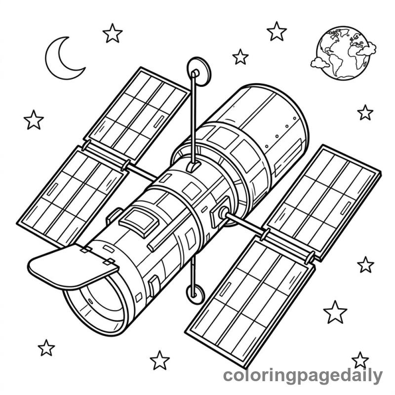 Hubble Telescope in Orbit - Daily printable coloring page in Space category