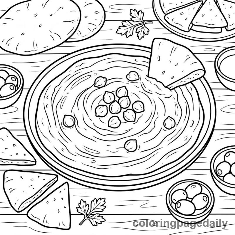 Hummus And Pita Platter - Daily printable coloring page in Food category