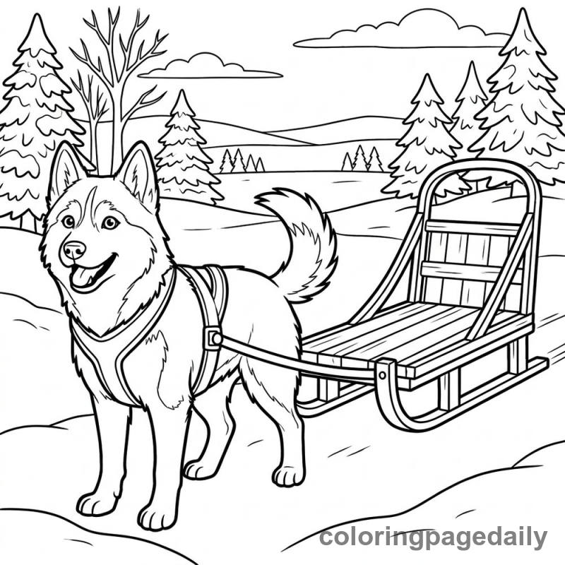 Husky Pulling a Sled - Daily printable coloring page in Winter and Snow Season category