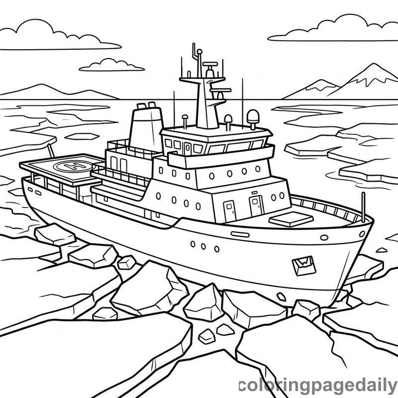 Icebreaker Ship Crashing Through Ice - Daily printable coloring page in Vehicle category