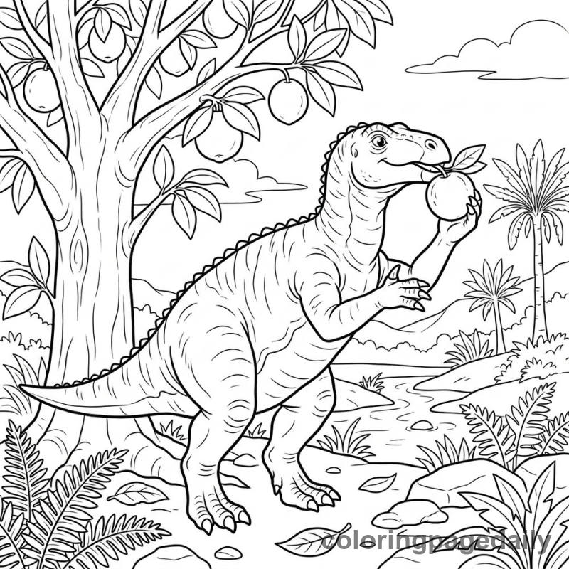 Iguanodon Eating Fruit - Daily printable coloring page in Dinosaur category