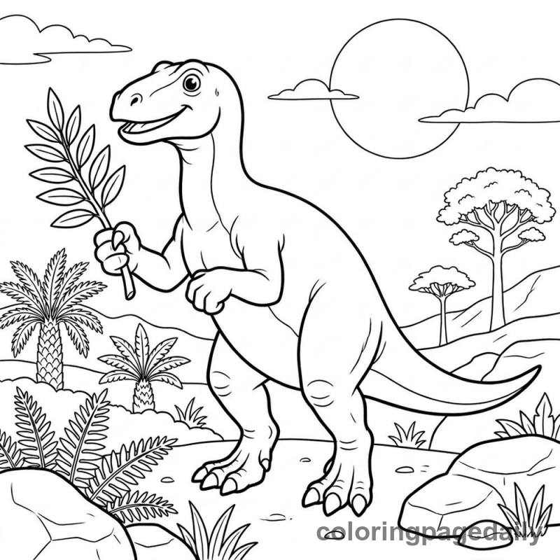 Iguanodon Holding Leafy Branch - Daily printable coloring page in Dinosaur category
