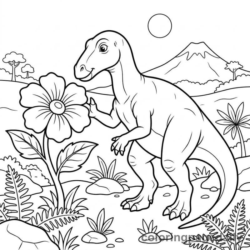 Iguanodon Investigates a Flower - Daily printable coloring page in Dinosaur category