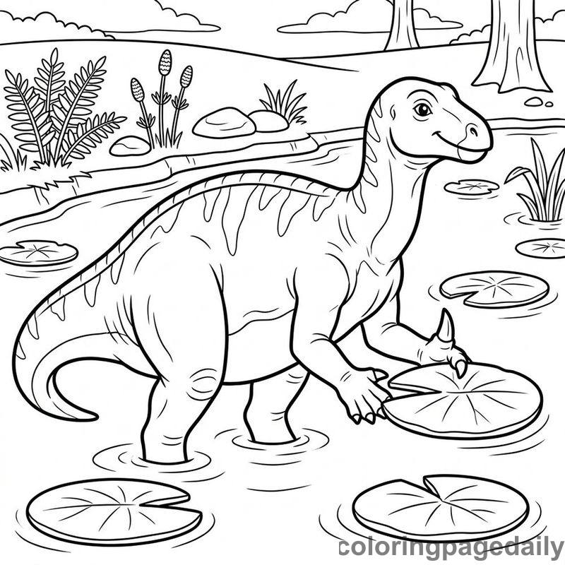 Iguanodon Plucking Lily Pads - Daily printable coloring page in Dinosaur category