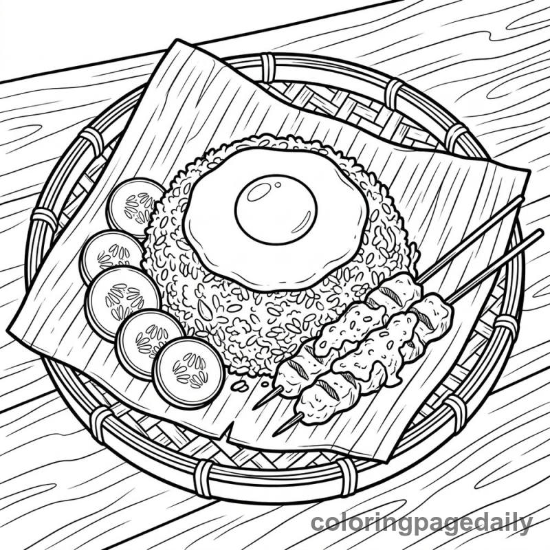 Indonesian Nasi Goreng Plate - Daily printable coloring page in Food category
