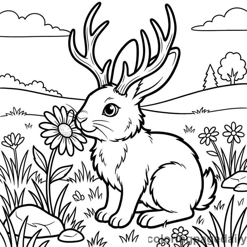 Jackalope Sniffing Meadow Daisy - Daily printable coloring page in Mythical Creature category