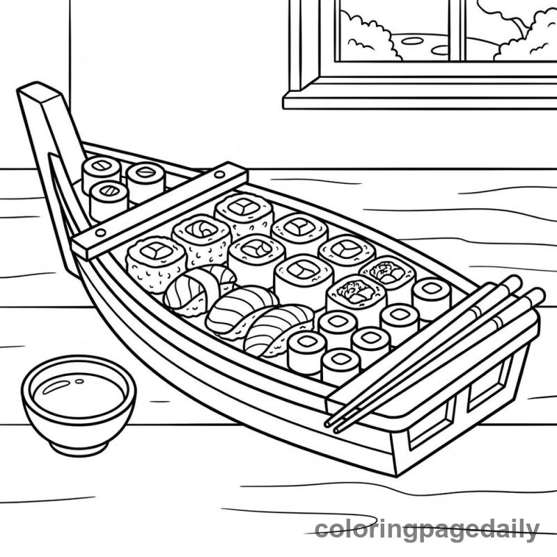 Japanese Sushi Boat - Daily printable coloring page in Food category