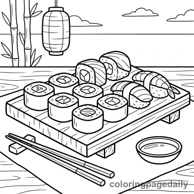 Japanese Sushi Platter - Daily printable coloring page in Food category