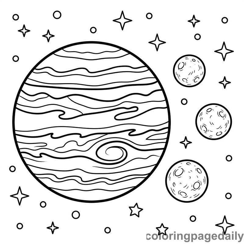 Jupiter Orbited By Three Moons - Daily printable coloring page in Space category