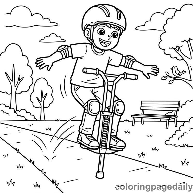Kid Bouncing On Pogo Stick - Daily printable coloring page in Sports category