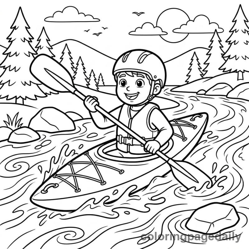 Kid Kayaking River - Daily printable coloring page in Sports category