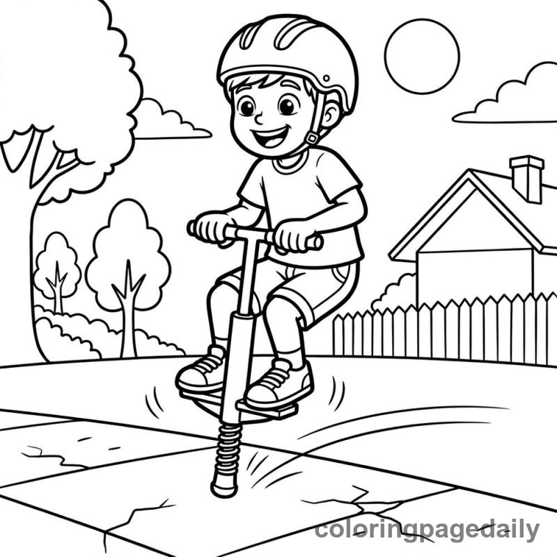 Kid On Pogo Stick - Daily printable coloring page in Sports category