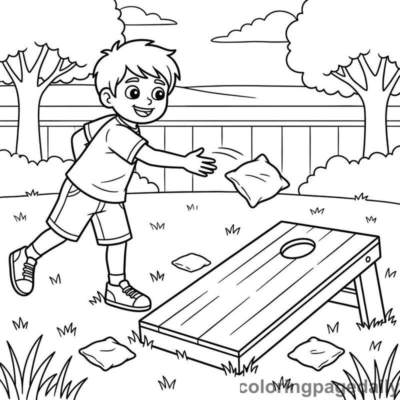 Kid Playing Cornhole - Daily printable coloring page in Sports category