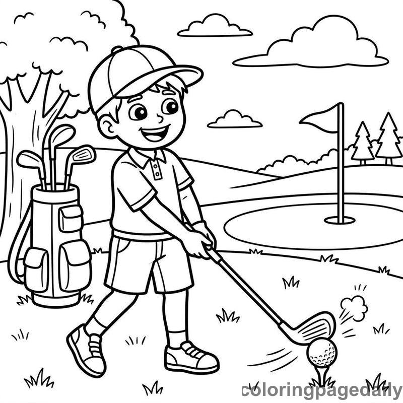Kid Playing Golf - Daily printable coloring page in Sports category
