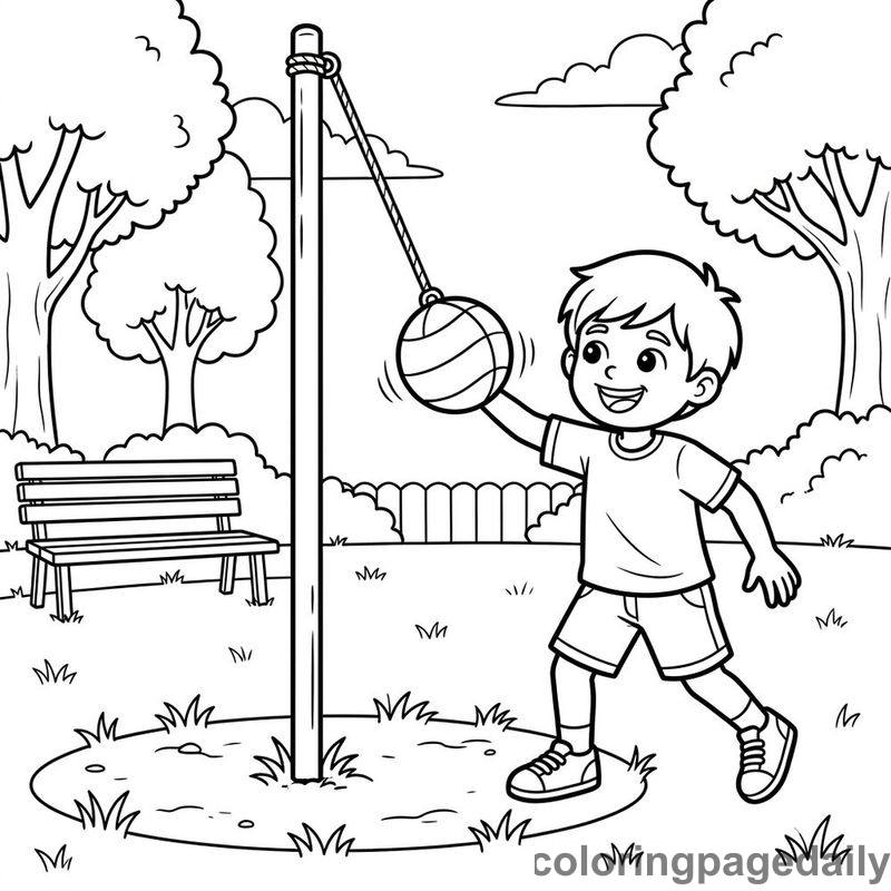 Kid Playing Tetherball - Daily printable coloring page in Sports category