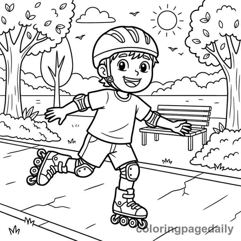 Kid Rollerblading in Park - Daily printable coloring page in Sports category