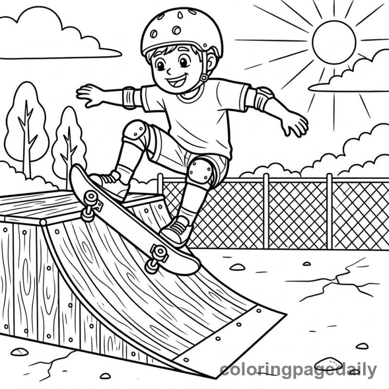 Kid Skateboarding Trick - Daily printable coloring page in Sports category
