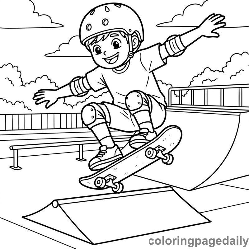 Kid Skateboarding Trick - Daily printable coloring page in Sports category