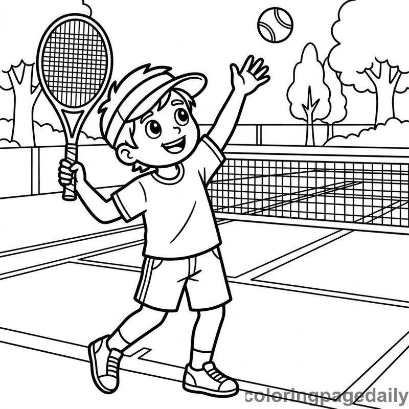 Kid Tennis Player Serving - Daily printable coloring page in Sports category