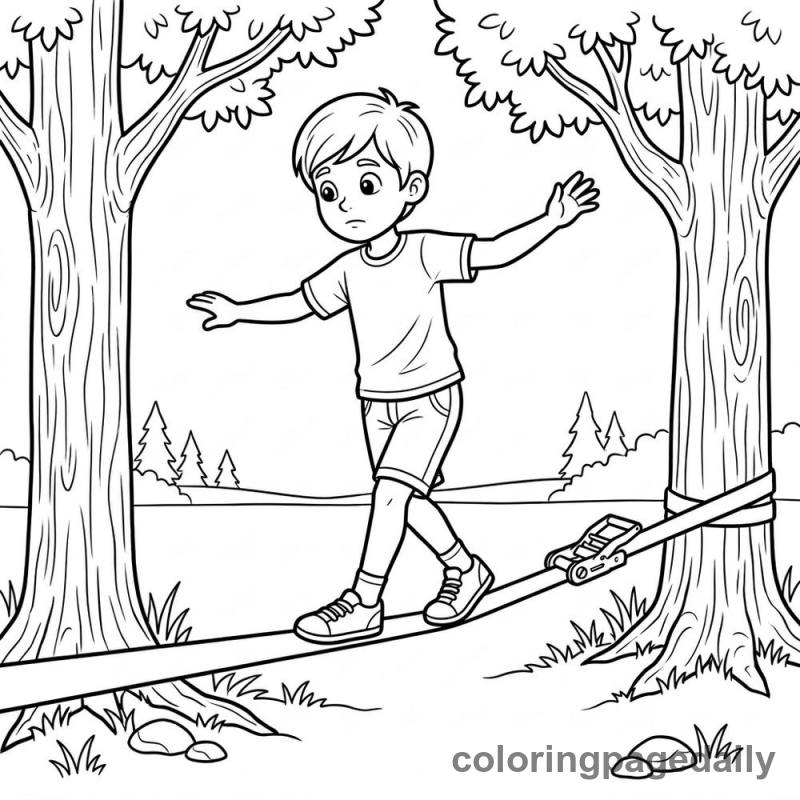 Kid Walking Slackline - Daily printable coloring page in Sports category