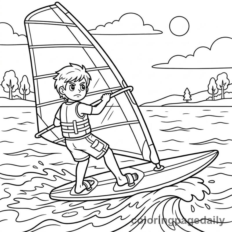 Kid Windsurfing On Water - Daily printable coloring page in Sports category