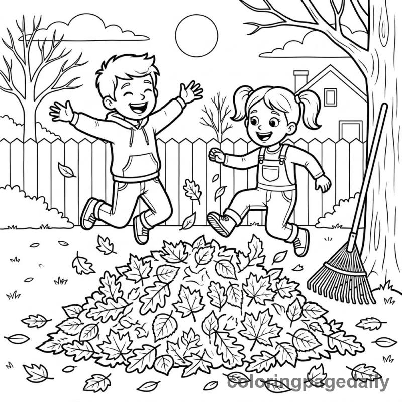 Kids Jumping in a Leaf Pile - Daily printable coloring page in Thanksgiving category