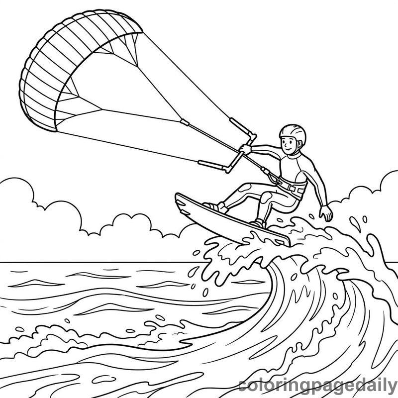 Kiteboarder Ocean Wave Jump - Daily printable coloring page in Sports category