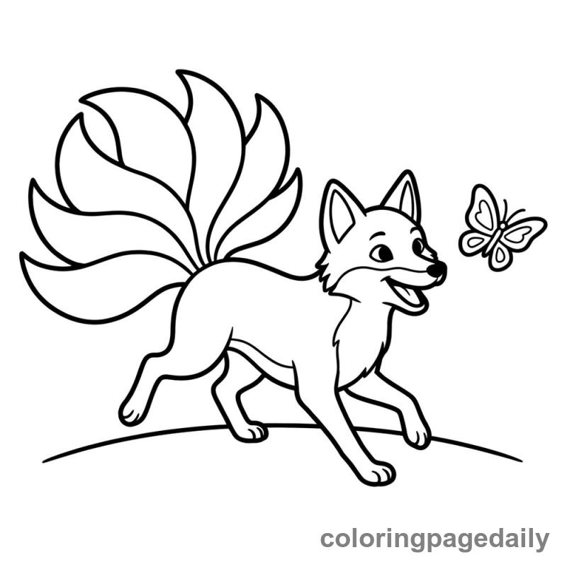 Kitsune Chasing Butterfly - Daily printable coloring page in Mythical Creature category