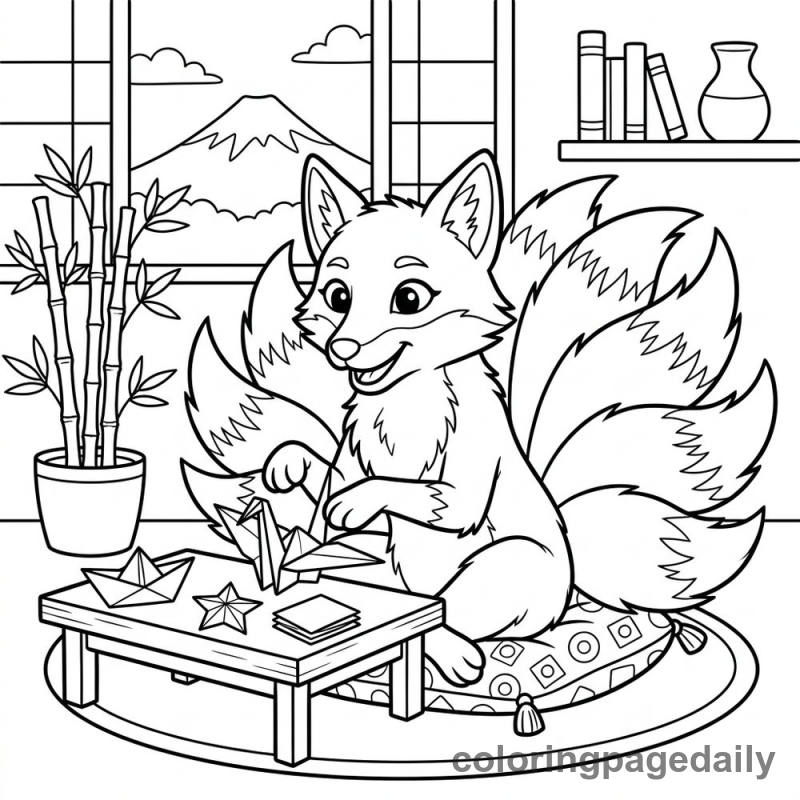 Kitsune Folding Origami - Daily printable coloring page in Mythical Creature category