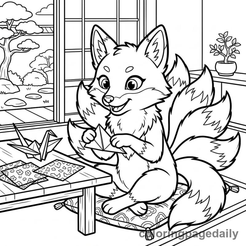 Kitsune Folding Origami Crane - Daily printable coloring page in Mythical Creature category