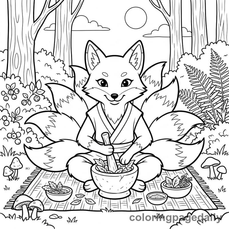 Kitsune Grinding Forest Herbs - Daily printable coloring page in Mythical Creature category