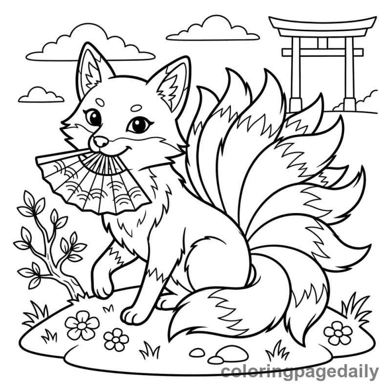 Kitsune Holding Fan - Daily printable coloring page in Mythical Creature category