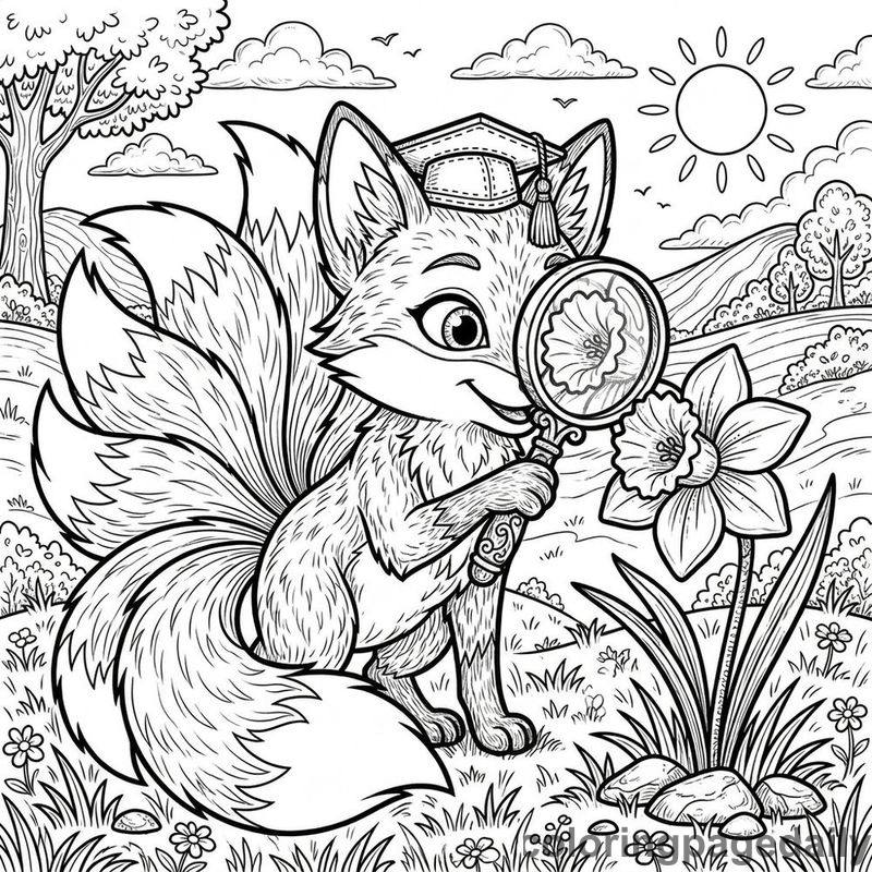 Kitsune Inspecting Spring Daffodil - Daily printable coloring page in Mythical Creature category