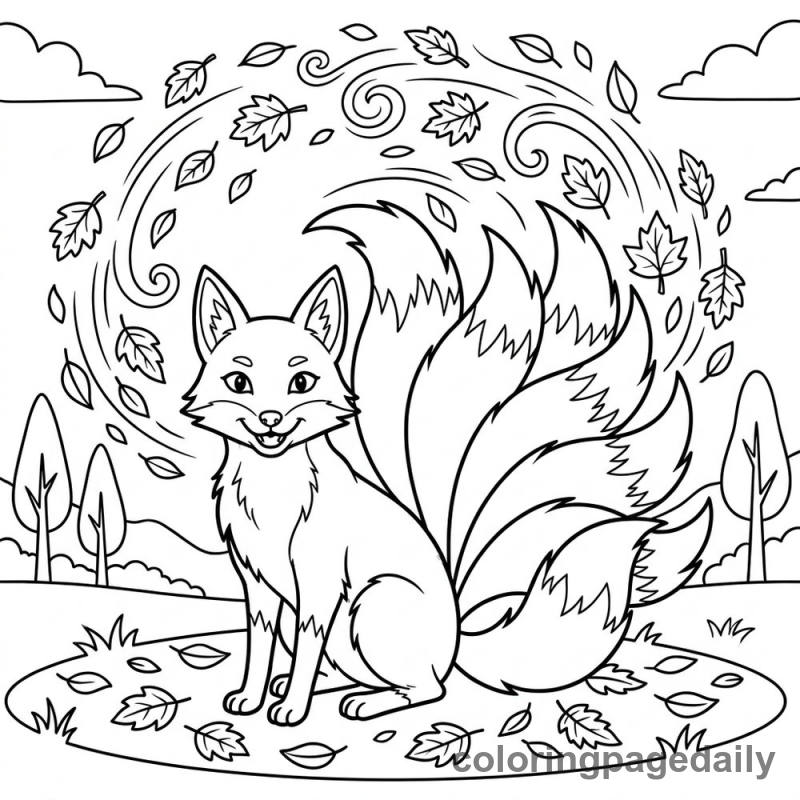 Kitsune's Magical Autumn Swirl - Daily printable coloring page in Mythical Creature category