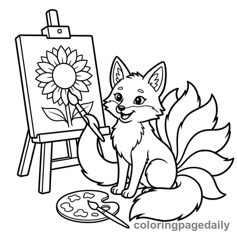 Kitsune Paints a Flower - Daily printable coloring page in Mythical Creature category