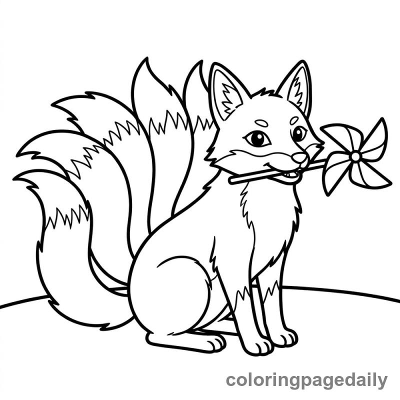 Kitsune Playing with Pinwheel - Daily printable coloring page in Mythical Creature category