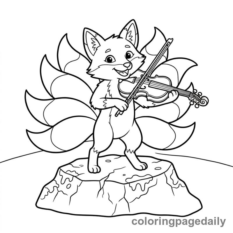 Kitsune Playing Violin - Daily printable coloring page in Mythical Creature category