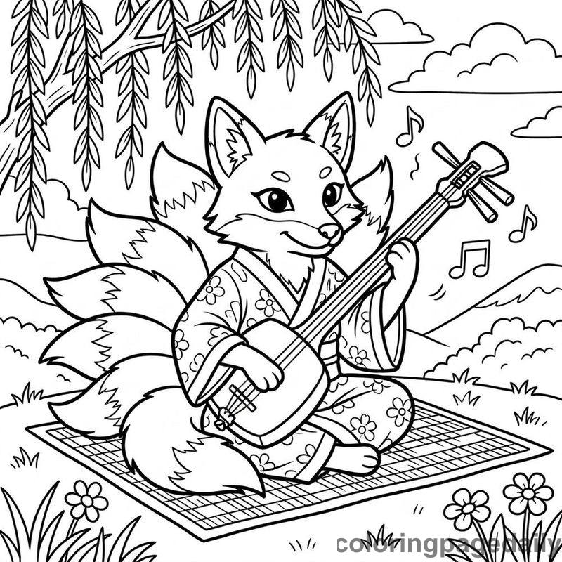 Kumi the Nine-Tailed Fox and Her Magical Melody - story illustration coloring page