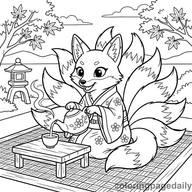 Kitsune Pouring Traditional Tea - Daily printable coloring page in Mythical Creature category