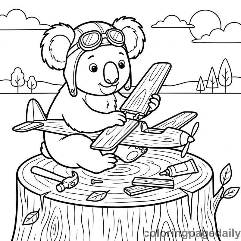 Koala Building Glider Plane - Daily printable coloring page in Animals category
