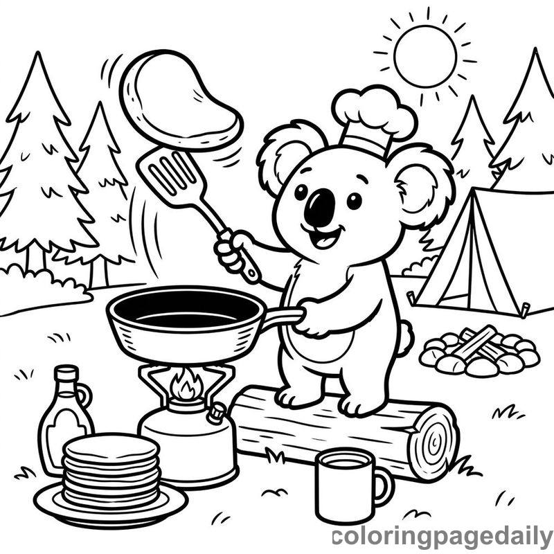 Koala Cooking Campfire Pancakes - Daily printable coloring page in Animals category