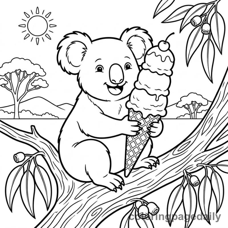 Koala Eating Ice Cream - Daily printable coloring page in Animals category