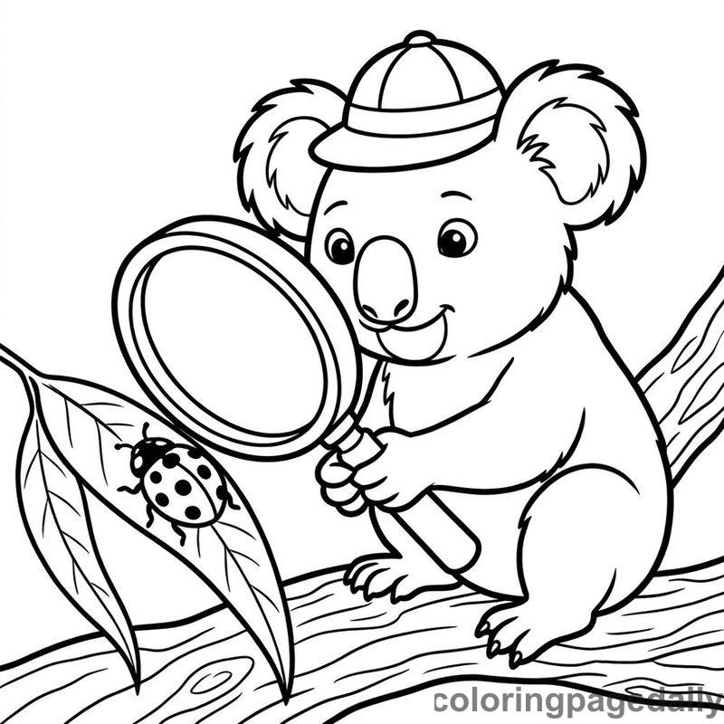 Koala Examining A Ladybug - Daily printable coloring page in Animals category