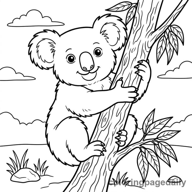 Koala Hugging Tree - Daily printable coloring page in Animals category