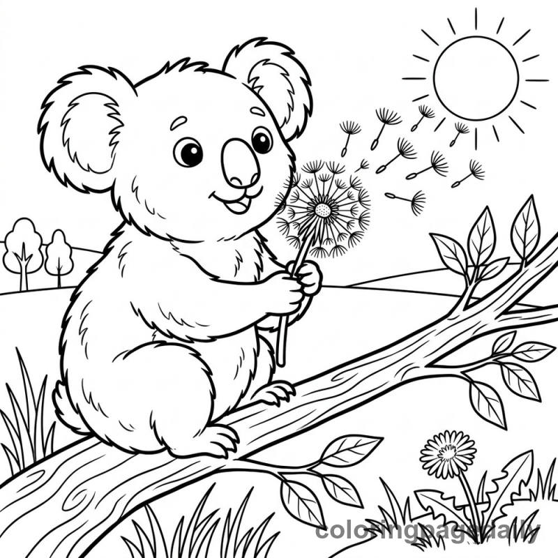 Koala Making a Dandelion Wish - Daily printable coloring page in Animals category