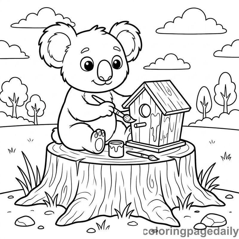 Koala Painting A Birdhouse - Daily printable coloring page in Animals category