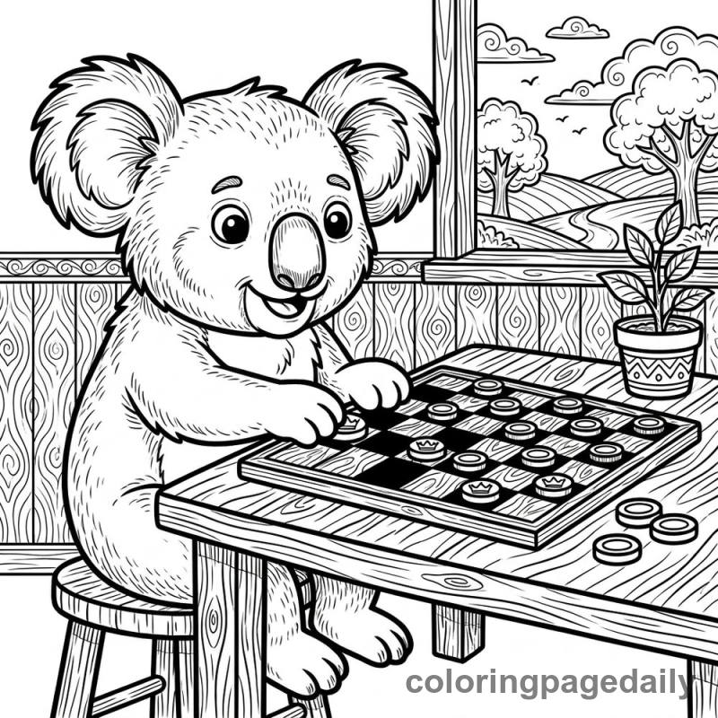 Koala Playing Checkers - Daily printable coloring page in Animals category