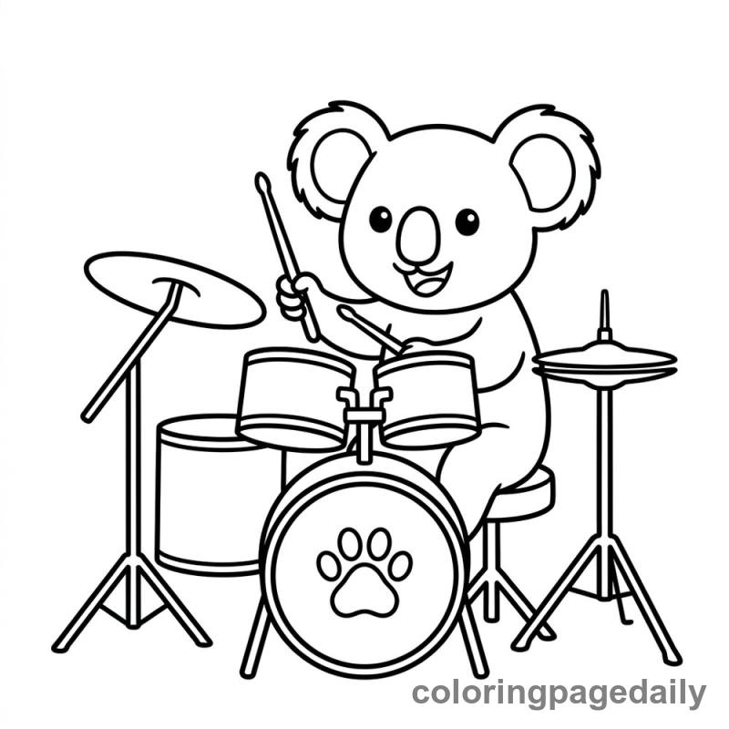 Koala Playing Drums - Daily printable coloring page in Animals category
