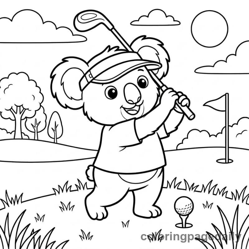 Koala Playing Golf - Daily printable coloring page in Animals category